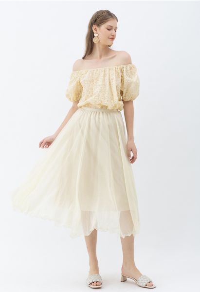 Subtle Shimmer Semi-Sheer Pleated Midi Skirt in Yellow