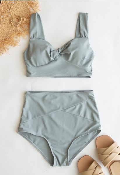 Twist Front High-Waisted Bikini Set in Grey