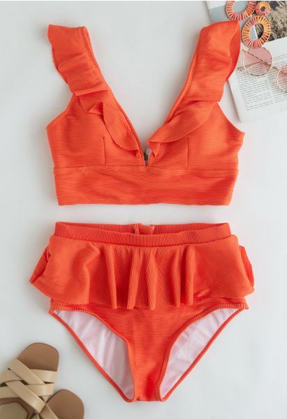 Zippered Back Ruffle Bikini Set in Orange