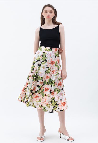 Charming Flower Print Satin Midi Skirt