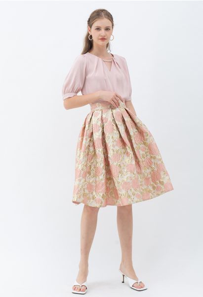 Charming Rose Jacquard Embossed Pleated Skirt