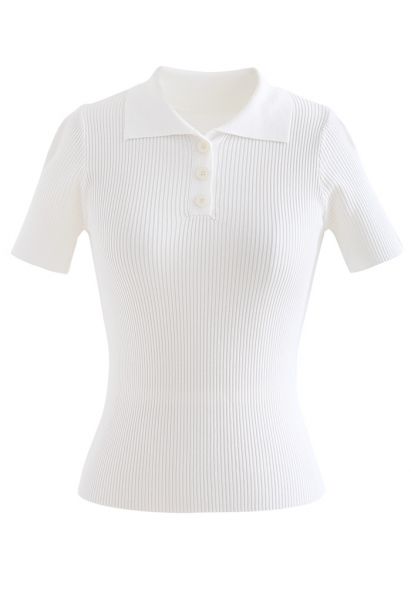 Triple Buttons Short Sleeve Fitted Knit Top in White