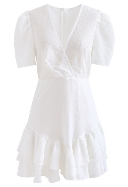 Lace Inserted Embossed Tiered Mini Dress in White