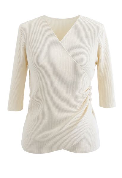 Side Button Wrapped Knit Top in Cream