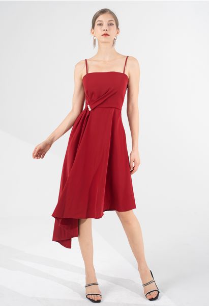 Pearl Trim Ruched Draped Asymmetric Cami Dress in Red