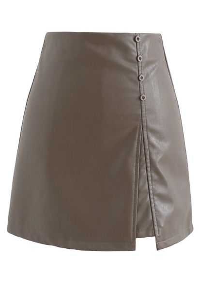 Polished Button Trim Faux Leather Bud Skirt in Brown