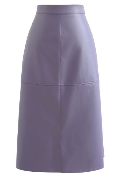 Raw-Cut Hem Faux Leather Pencil Skirt in Purple