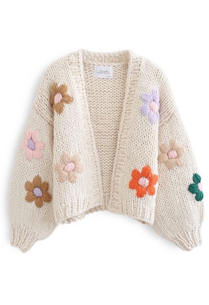 Stitch Flowers Hand-Knit Chunky Cardigan in Cream