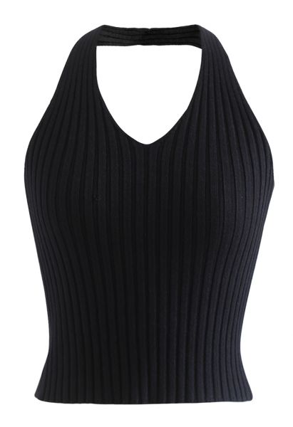 Halter Neck Crop Knit Top in Black