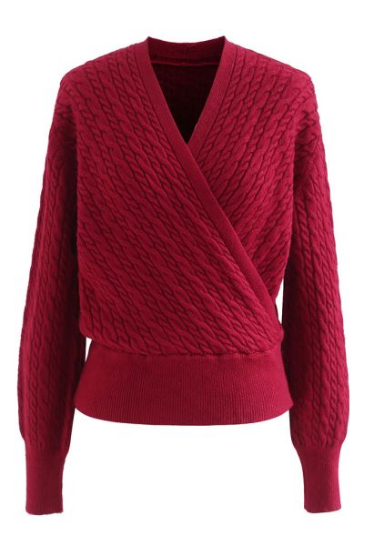 Cable Knit Wrap Front Crop Sweater in Red
