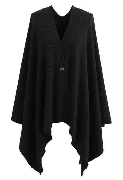Buttoned Rib Knit Poncho Cape in Black