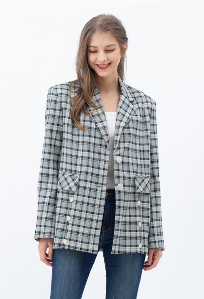 Plaid Single Breasted Buttoned Hem Blazer in Dark Green