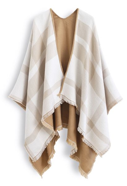Single-Sided Check Print Reversible Poncho in Ivory