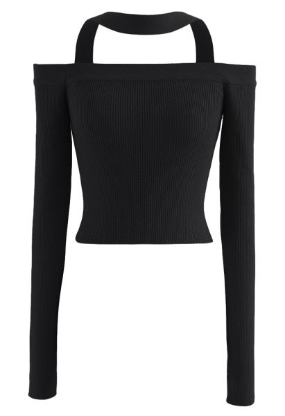 Halter Neck Off-Shoulder Crop Knit Top in Black