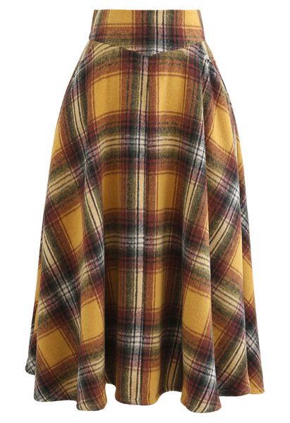 Multicolor Check Print Wool-Blend A-Line Skirt in Mustard
