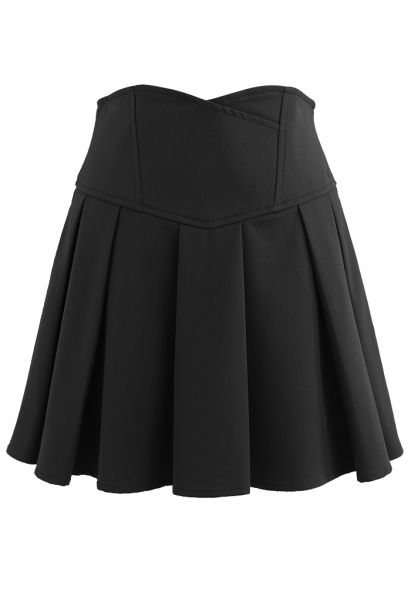 Corset Waist Pleated Mini Skirt in Black