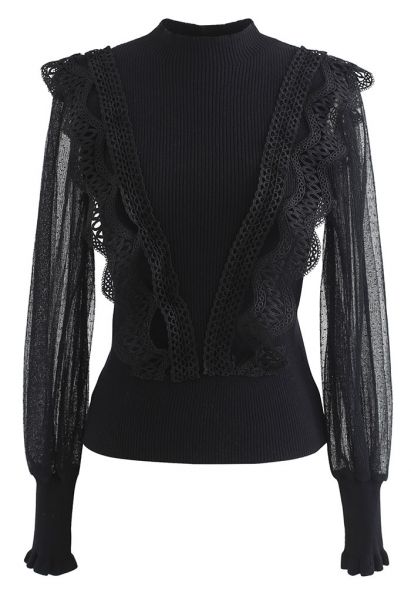 Scalloped Crochet Mesh Sleeves Knit Top in Black