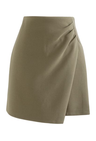 Ruched Side Flap Mini Skirt in Camel