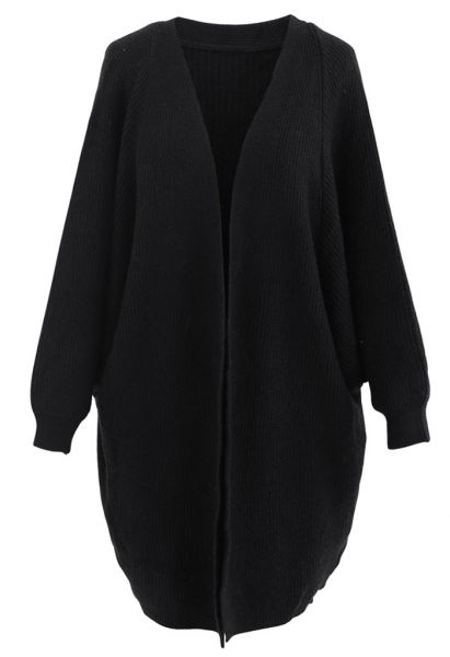 Batwing Ribbed Knit Longline Cardigan in Black