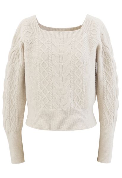 Cropped Square Neck Braid Knit Sweater in Ivory