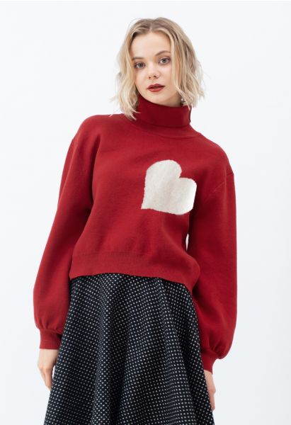 Embroidered Heart High Neck Knit Sweater in Red