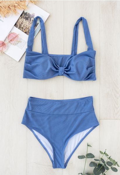 Twisted Knot Front Ribbed Bikini Set in Blue