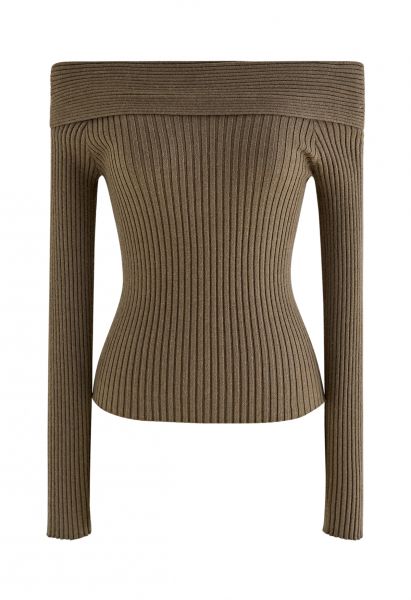 Courtly Off-Shoulder Crop Knit Top in Khaki