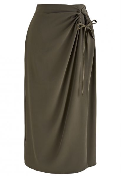 Side Drawstring Flap Midi Skirt in Dark Khaki