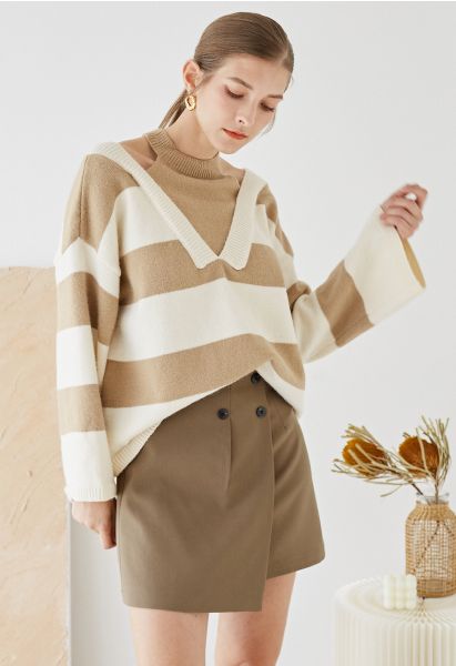 Fake Two-Piece Cold-Shoulder Striped Sweater in Camel