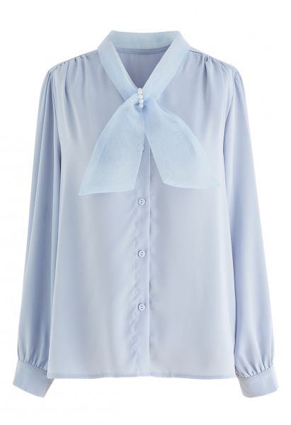 Satin Finish Pearl Knot Shirt in Baby Blue