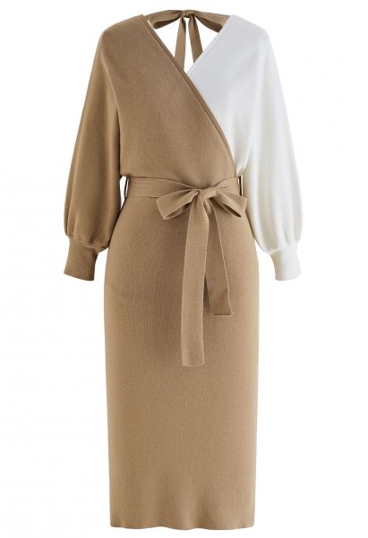 Tie Bow Two-Tone Knit Wrap Midi Dress in Tan