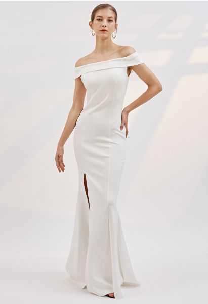 Folded Off-Shoulder Slit Mermaid Gown in White