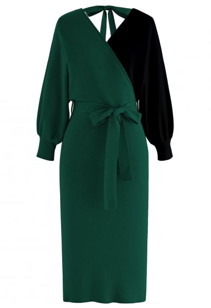 Tie Bow Two-Tone Knit Wrap Midi Dress in Dark Green