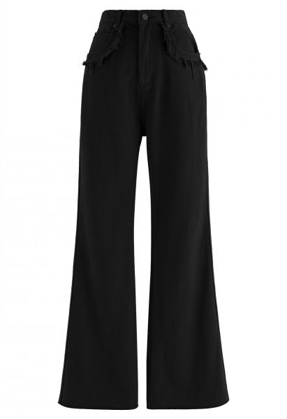 Classic Pocket Frayed Detail Flare Jeans in Black