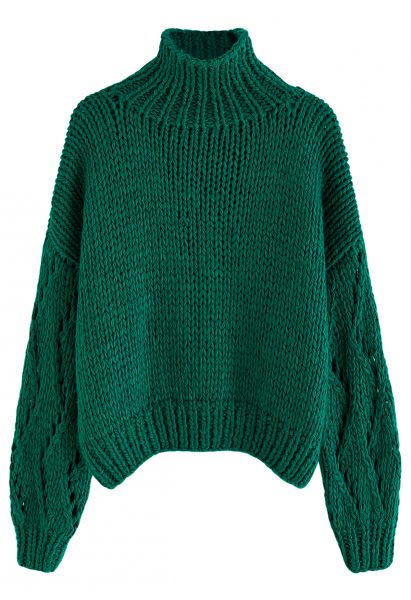 Pointelle Sleeve High Neck Hand-Knit Sweater in Green