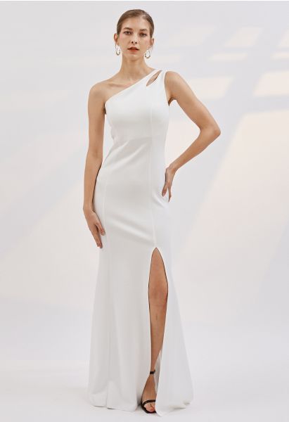 One-Shoulder Dual Strap Mermaid Gown in White