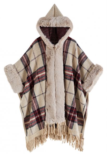 Plaid Fringe Faux Fur Hooded Poncho in Camel