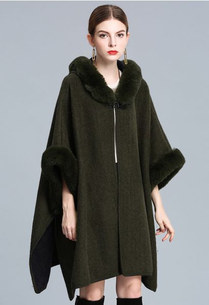 Cozy Faux Fur Hooded Poncho in Dark Green