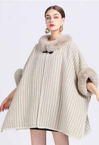 Vertical Striped Faux Fur Poncho