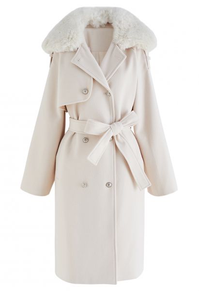 Faux Fur Collar Double Breasted Belted Coat in Cream