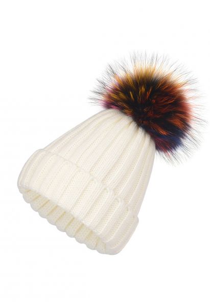 Colorful Pom-Pom Trim Beanie Hat in White