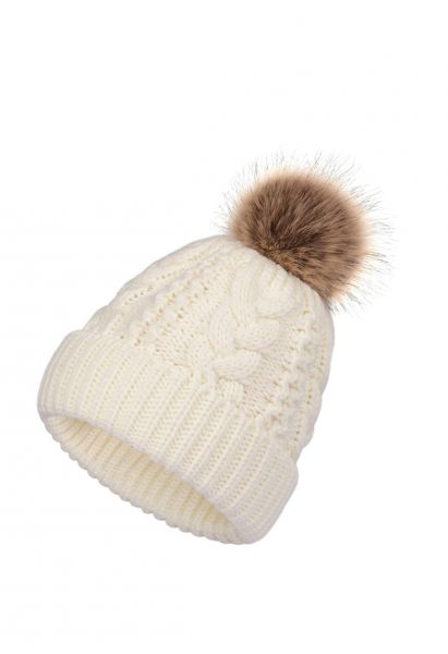 Pom-Pom Trim Braided Knit Beanie Hat in Ivory