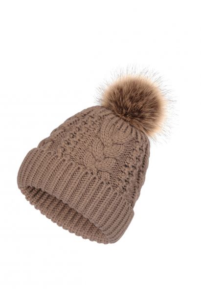 Pom-Pom Trim Braided Knit Beanie Hat in Brown