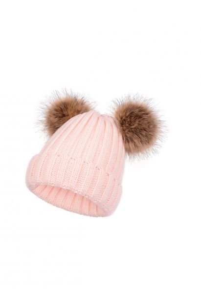 Fuzzy Pom-Pom Knit Beanie Hat in Pink