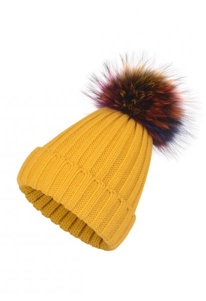 Colorful Pom-Pom Trim Beanie Hat in Mustard