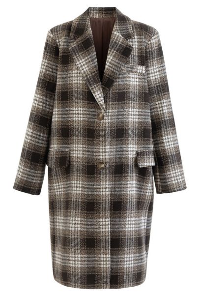 Brown Tartan Wool-Blend Longline Coat