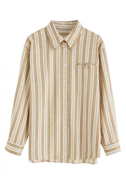 Vertical Stripe Button Down Shirt in Tan
