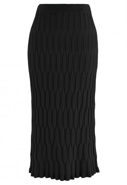Embossed Texture Knit Pencil Skirt in Black
