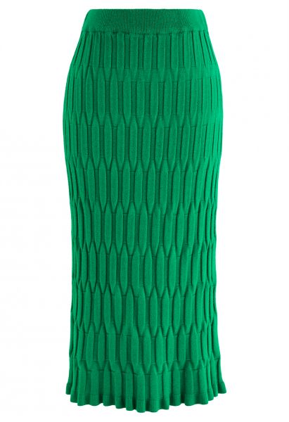 Embossed Texture Knit Pencil Skirt in Green