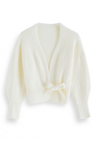 Self-Tie Bowknot Wrap Knit Top in Ivory